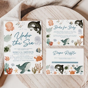 Onder de zee baby shower uitnodiging sjabloon set, Oceaan baby shower uitnodiging, zee dieren baby shower uitnodiging, genderneutraal | OCEAAN