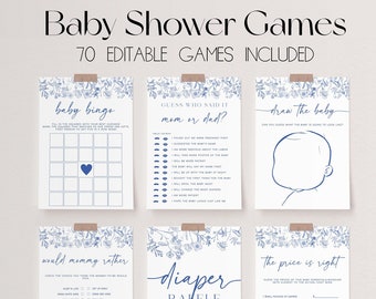 May include: A set of printable baby shower game cards with blue floral designs. The games include "Baby Bingo", "Guess Who Said It Mom or Dad?", "Draw the Baby", "Would Mommy Rather", "Diaper Raffle", and "The Price is Right".