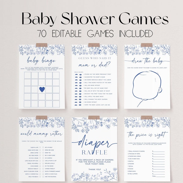 70 Baby Shower Games, Dusty Blue Baby Shower Game Bundle, Vintage Floral Baby Shower Bundle, Baby Party Games, Chinoiserie Baby Games | LIV