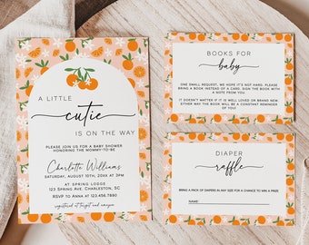 Orange Baby Shower Invitation Set, Little Cutie Theme (Digital Download) | CUTIE