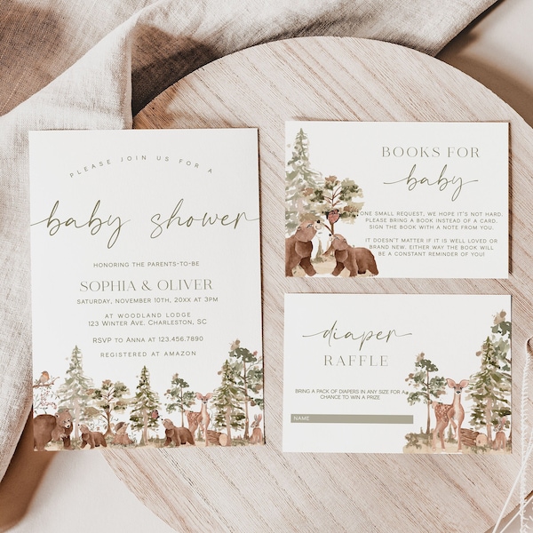 Ensemble de modèles d’invitation à la baby shower des bois, invitation à la baby shower des animaux des bois, invitation à la baby shower de Forest Mountain | BOIS