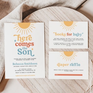 Aquí viene el conjunto de plantillas de invitación para baby shower de Son, invitación para baby shower Sunshine, invitación para baby shower Sun, Boho Sunshine Shower / SON