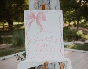 She's Tying The Knot Bridal Shower Welcome Sign Template, Pink Bow Bridal Shower Welcome Poster, Coquette Welcome Sign Poster | BOW