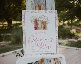 Storybook Baby Shower Welcome Sign, New Chapter Begins Baby Shower Welcome Poster, Floral Vintage Book Baby Shower Sign | BOOK