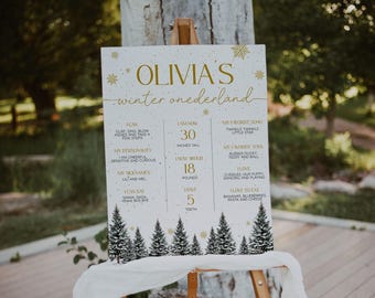 May include: A white milestone sign titled Olivia's winter onederland with gold text and snowflake accents. It lists facts including 30 inches tall, 18 pounds, and 5 teeth, featuring a black and white pine tree forest graphic at the bottom.