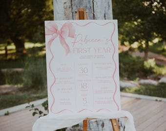 May include: A white rectangular milestone sign featuring a pink watercolor bow and wavy border. The text reads Rebecca's First Year, including birth details, weight of 18 pounds, height of 30 inches, and five teeth. The sign is displayed on a wooden easel.