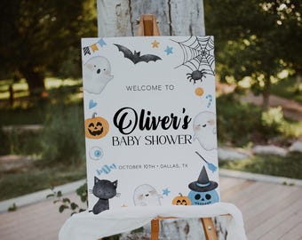 Blue A Little Boo Baby Shower Welcome Sign Template, Boy Halloween Baby Shower Welcome Poster, Spooky Halloween Baby Shower Sign | BLUE
