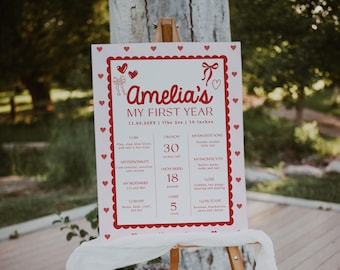 May include: A white rectangular milestone sign with a red scalloped border and red heart accents. The text reads Amelia's My First Year, 11.05.20XX, 7lbs 2oz, 19 inches, 30 inches tall, 18 pounds, 5 teeth, and various personal milestones.