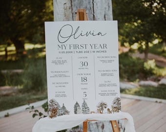 May include: A white rectangular milestone sign titled Olivia My First Year with black text detailing birth stats, personality, and favorites, featuring a woodland animal illustration at the bottom, displayed on a wooden easel with a white cloth.