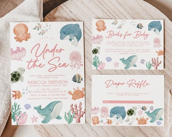 Under the Sea Baby Shower Invitation Template Set, Ocean Baby Shower Invitation, Pink Sea Animals Baby Shower Invite, Girl Baby Shower | SEA