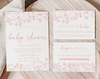 Stoffige roze babyshower uitnodiging sjabloonset, vintage bloemen babyshower uitnodiging, Victoriaanse chinoiserie babyshower uitnodiging | LIA
