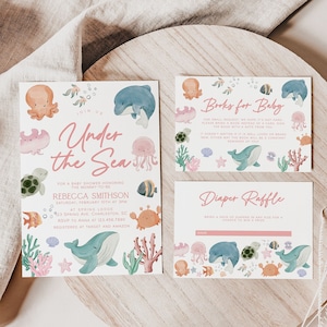 Conjunto de plantillas de invitación a baby shower bajo el mar, invitación a baby shower en el océano, invitación a baby shower de animales marinos rosas, baby shower para niñas / MAR