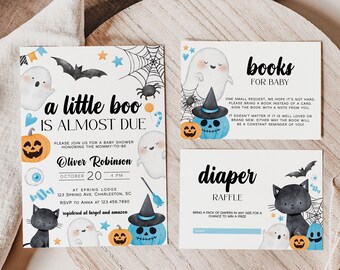 May include: A set of three rectangular baby shower cards featuring watercolor illustrations of ghosts, pumpkins, a black cat, and a bat. The text includes 'a little boo IS ALMOST DUE', 'books FOR BABY', and 'diaper RAFFLE' with event details.