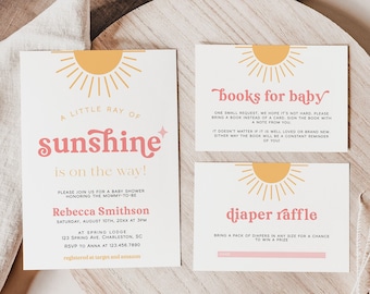 A Little Ray of Sunshine Baby Shower Invitation Template Set, Sunshine Baby Shower Invitation, Girl Boho Sun Baby Shower Invite | SHINE