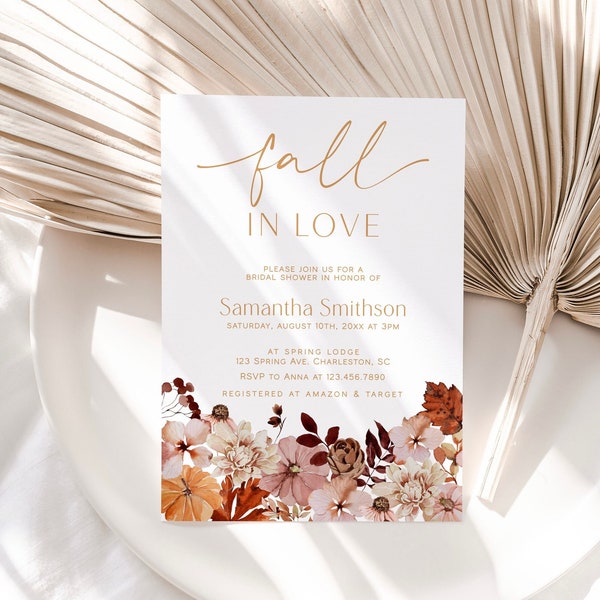 Fall in Love Bridal Shower Invitation Template, Autumn Bridal Shower Invite, Pumpkin Fall Bridal Shower Invitation, Boho Floral Shower |FALL