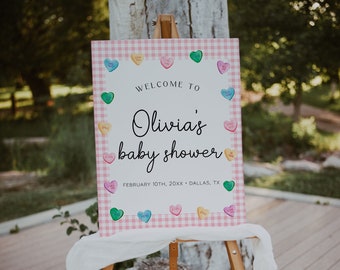 Sweetheart Baby Shower Welcome Sign, Valentines Baby Shower Welcome Poster, Candy Hearts Baby Shower Sign, Conversation Hearts | SWEET