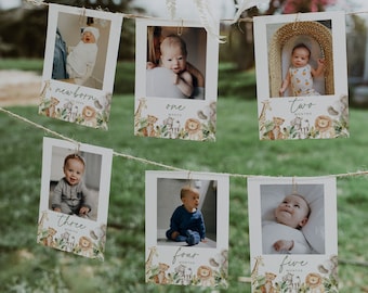 May include: A set of 6 white photo cards with a jungle animal theme. Each card features a baby in a different pose and the age in months. The cards are strung together with twine and are perfect for a baby's first year photo shoot.
