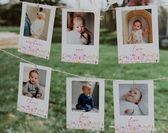 May include: A set of 6 white photo frames with a baby in each frame. The frames are hung on a string with clothespins. Each frame has a pink butterfly design and text that says "newborn", "one month", "two months", "three months", "four months", and "five months".