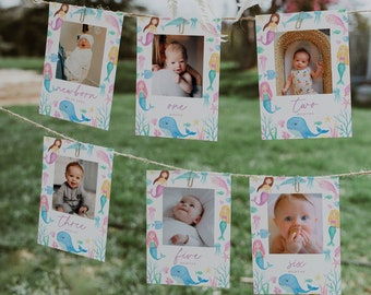 Striscione fotografico mensile per il primo compleanno della sirena, Striscione fotografico per il compleanno sotto il mare, Cartoline fotografiche mensili per le pietre miliari, Primo anno del bambino / CONCHIGLIA