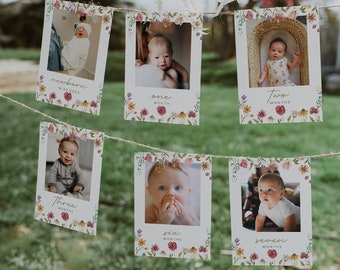 Może przedstawiać: Baner z kwiatowym motywem z fotografiami dziecka w różnym wieku, przedstawiający kamienie milowe rozwoju dziecka. Baner zawiera napisy: "noworodek", "miesiąc", "dwa miesiące", "trzy miesiące", "sześć miesięcy" i "siedem miesięcy".