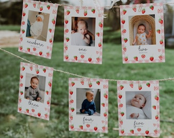 Strawberry First Birthday Monthly Photo Banner, Berry 1st Birthday Photo Banner, Monthly Milestone Photo Cards, Baby's First Year | BERRY