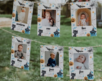Spooky één eerste verjaardag maandelijkse fotobanner, Halloween 1e verjaardag fotobanner, maandelijkse mijlpaal fotokaarten, baby's eerste jaar | BLAUW