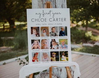 Modelo de placa de foto de primeiro aniversário, placa de foto moderna de primeiro aniversário, pôster de primeiro ano do bebê, placa de colagem de fotos de primeiro aniversário | CHLOÉ