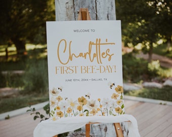 Bee First Birthday Welcome Sign, 1st Bee Day Welcome Sign, 1st Birthday Welcome Sign, Floral Bee Birthday Girl, Bee Welcome Sign | BEE