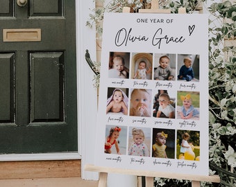 Modelo de placa de foto de primeiro aniversário, placa de foto moderna de primeiro aniversário, pôster de primeiro ano do bebê, placa de colagem de fotos de primeiro aniversário | GRAÇA