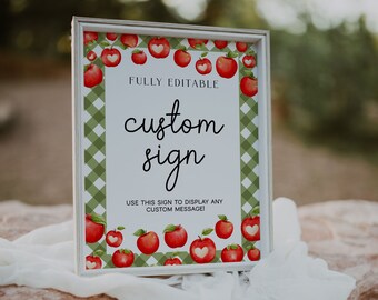 Puede incluir: Un cartel blanco con un fondo a cuadros verde y blanco y manzanas rojas con corazones blancos. El cartel dice "FULLY EDITABLE custom sign USE THIS SIGN TO DISPLAY ANY CUSTOM MESSAGE!"
