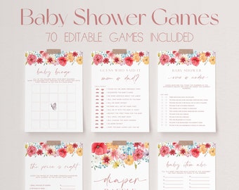 Könnte beinhalten: Ein Satz druckbarer Babyparty-Spielkarten mit Blumendesigns. Die Spiele beinhalten "Baby Bingo", "Erraten Sie, wer es gesagt hat Mama oder Papa?", "Babyparty Über oder Unter", "Der Preis ist richtig", "Windel-Tombola" und "Baby-Artikel ABC".