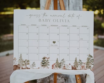 Modello di segno di calendario della data di scadenza del bambino nel bosco, segno di data di scadenza del bambino degli animali del bosco, indovina il compleanno del bambino, previsione del bambino / LEGNO