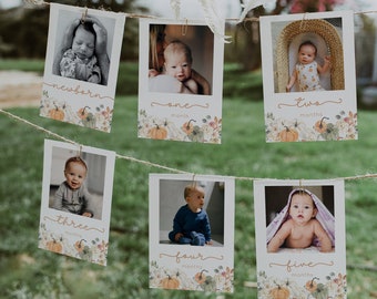 Kürbis Erster Geburtstag Monatliches Foto Banner Vorlage, Herbst 1. Geburtstag Foto Banner, Baby Meilenstein Fotokarten, Babys erstes Jahr | HAZEL