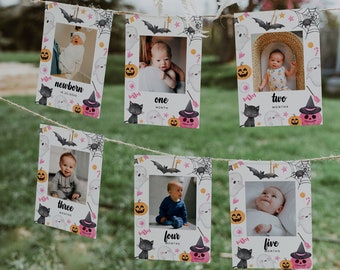 Striscione fotografico mensile spettrale per il primo compleanno, striscione fotografico per il 1° compleanno di Halloween, cartoline fotografiche mensili, primo anno del bambino/ROSA