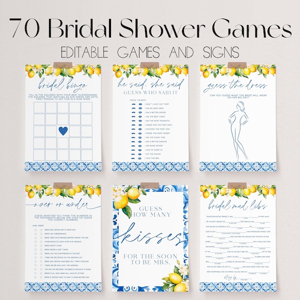 Mediterranean Lemon Bridal Shower Games Bundle, Main Squeeze Bridal Shower Games, Blue Tiles Wedding Shower Games, Bridal Party Games | GIA