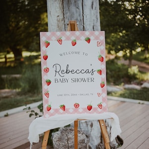 Modello di cartello di benvenuto per baby shower alla fragola, poster di benvenuto per bebè dolce bacca, cartello per baby shower per ragazza, cartello di compleanno di bacca / BERRY