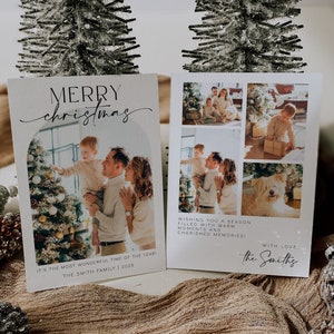 Modelo de cartão de Natal com foto, cartão de férias Boho, cartão de Natal em arco, cartão de Natal minimalista, cartão com foto de Feliz Natal editável |JULIA