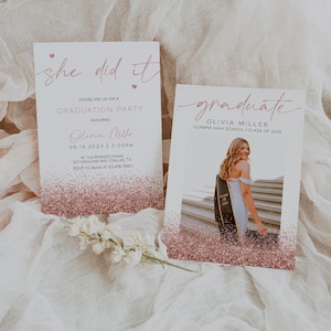 Graduierung Ankündigung Karte, Rose Gold Graduierung Party Einladung Vorlage, Glitzer Graduierung Invite, Foto Graduierung Einladung | LAURA