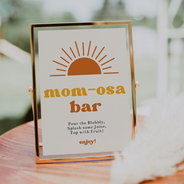 Zon baby shower mom-osa bar teken sjabloon, hier komt het zoon mimosa bar teken, baby shower decoraties, retro zon momosa teken | ZONNIG