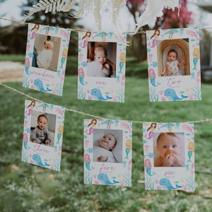 Meerjungfrau erster Geburtstag monatliches Fotobanner, unter dem Meer Geburtstagsfotobanner, monatliche Meilenstein Fotokarten, Babys erstes Jahr | MUSCHEL
