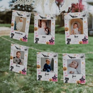 Banner mensal com fotos do primeiro aniversário assustador, banner com fotos do primeiro aniversário do Halloween, cartões com fotos mensais de marcos, primeiro ano do bebê | ROSA
