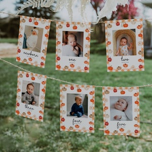 Banner mensal com fotos do primeiro aniversário da abóbora, banner com fotos do primeiro aniversário da abóbora de outono, cartões com fotos mensais de marcos, primeiro ano do bebê |