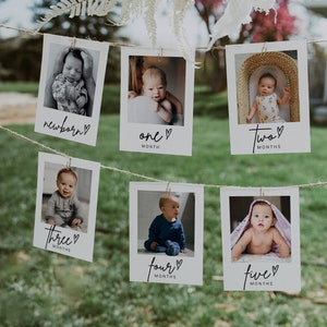 First Birthday Monthly Photo Banner Template, 1st Birthday Photo Banner, Baby Milestone Photo Cards, Baby's First Year Photos | GRACE