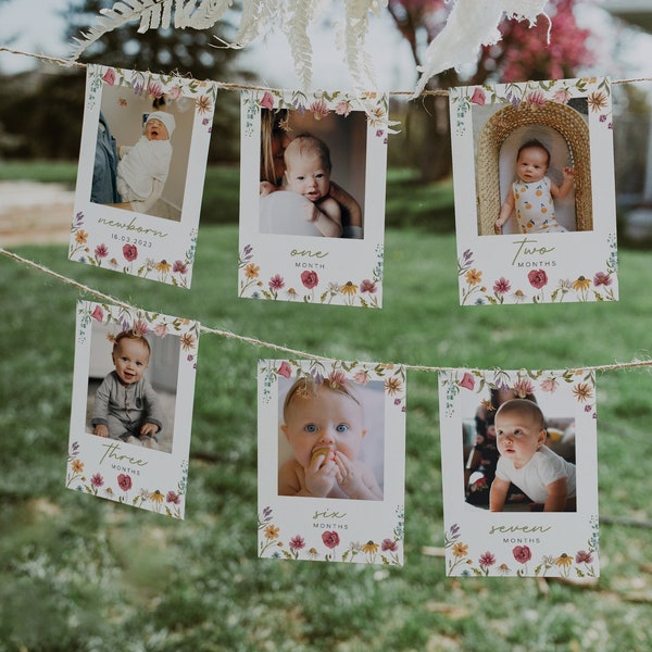 Wildflower First Birthday Monthly Photo Banner, Boho Floral 1st Birthday Photo Banner, Baby Photo Cards, Baby's First Year Photos | FLORA