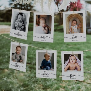 Plantilla de banner fotográfico mensual del primer cumpleaños, banner fotográfico del 1er cumpleaños, tarjetas fotográficas de hitos del bebé, fotos del primer año del bebé / LILLY