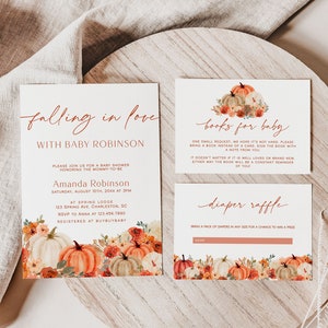 Falling in Love Baby Shower Invitation Set Template, Fall Floral Baby Shower Invite, Girl Baby Shower, Pumpkin Baby Shower Bundle | DORA
