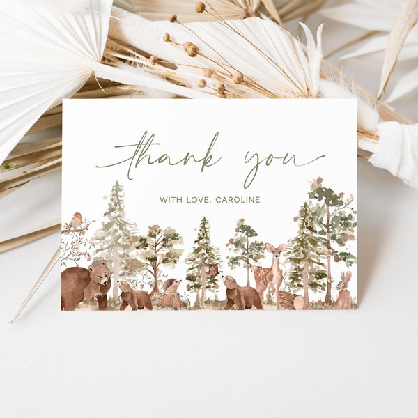 Woodland Thank You Card Template, Woodland Animals Baby Shower Thank You Card, Forest Mountain Thank You Cards, Tented Thank You | WOOD