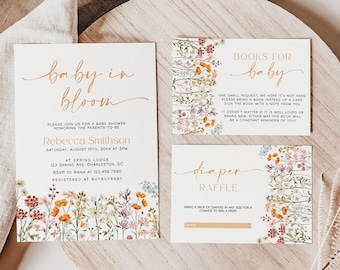 Wildflower Baby in Bloom Baby Shower Invitation Set Template, Boho Floral Baby Shower Invite, Wildflower Baby Shower Bundle | JULIA