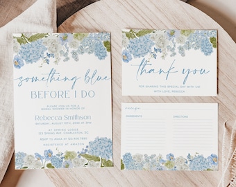 Something Blue Bridal Shower Invitation Set Template, Hydrangea Bridal Shower Invite, Dusty Blue Bridal Shower, Thank You, Recipe Card | MEL