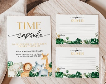 May include: A set of three cards with a jungle theme. The top card says "Time Capsule" and has instructions to be opened in 2040 when Oliver turns 18. The other two cards are blank with the words "Dear Oliver" at the top.